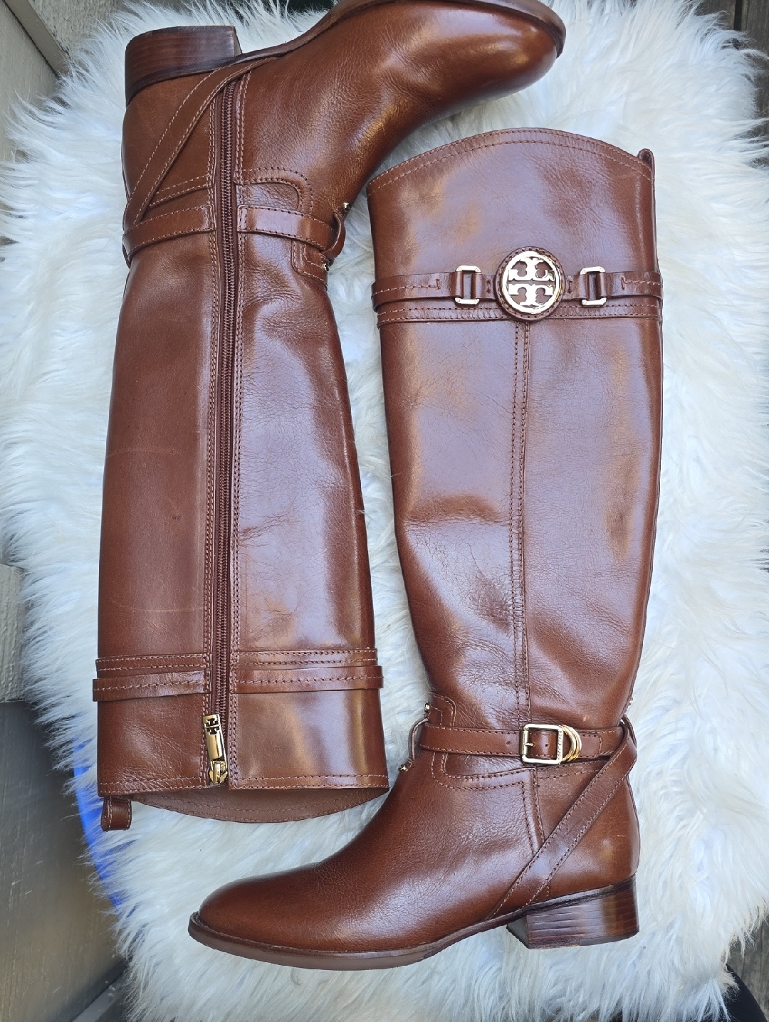 Tory Burch Calista Cognac Brown Logo Leather Knee Riding Boots 7
